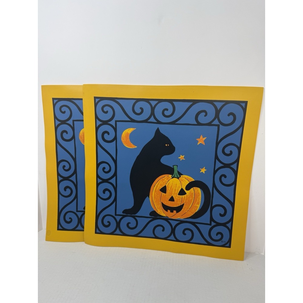 VTG 90's Town Country Halloween Square Vinyl Placemats Set 2 Black Cat JOL RARE